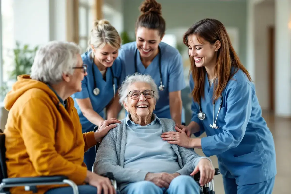 Freundliches Pflegeteam mit Seniorin